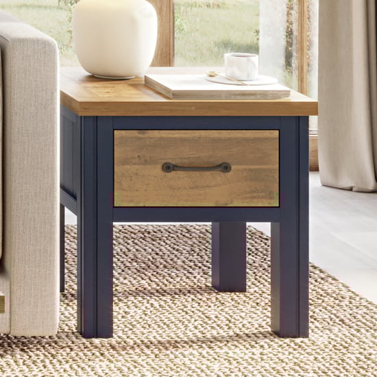 Read more about Savona wooden lamp table with 1 drawer in oak and blue
