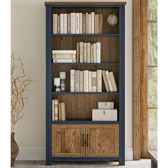 Savona Wooden Large Open Bookcase With 2 Doors In Blue