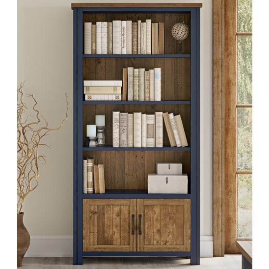 Read more about Savona wooden large open bookcase with 2 doors in blue