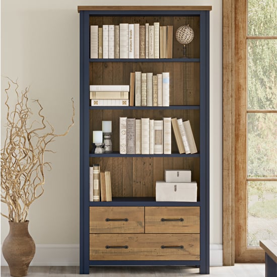 Read more about Savona wooden large open bookcase with 3 drawers in blue