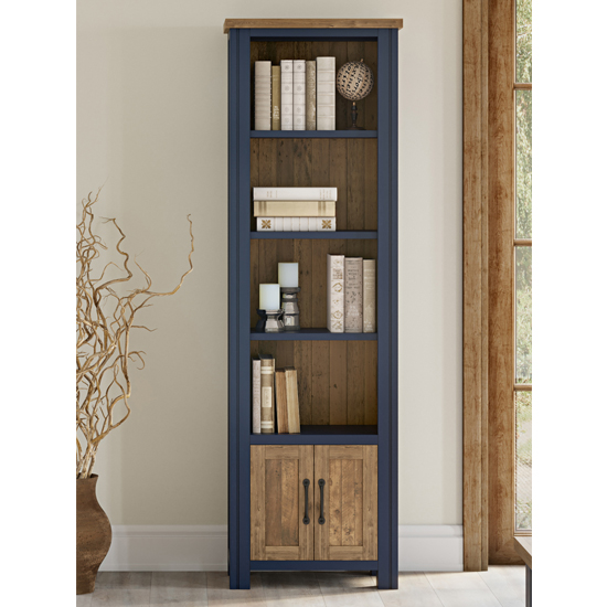 Read more about Savona wooden open bookcase narrow with 2 doors in blue