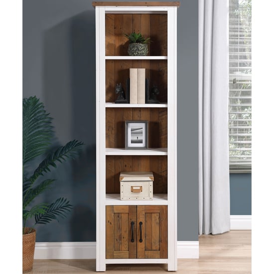 Read more about Savona wooden open bookcase narrow with 2 doors in white