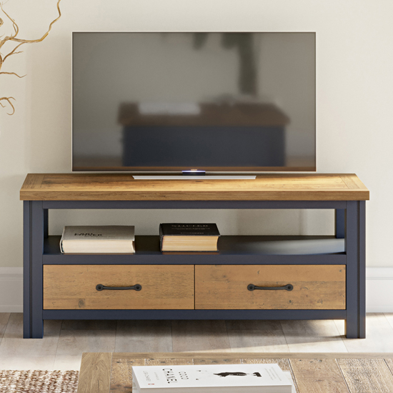 Read more about Savona wooden tv stand with 2 drawers in oak and blue