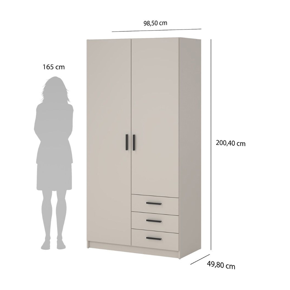 Savoy Wooden Wardrobe with 2 Doors 3 Drawers in Cashmere