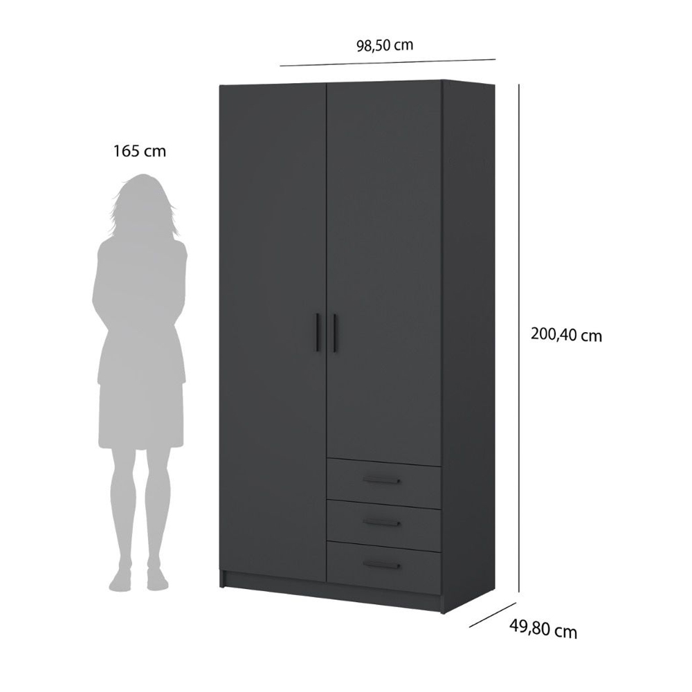 Savoy Wooden Wardrobe with 2 Doors 3 Drawers in Matt Grey
