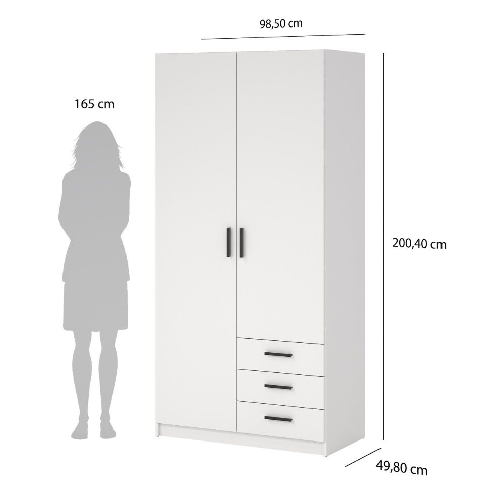 Savoy Wooden Wardrobe with 2 Doors 3 Drawers in White