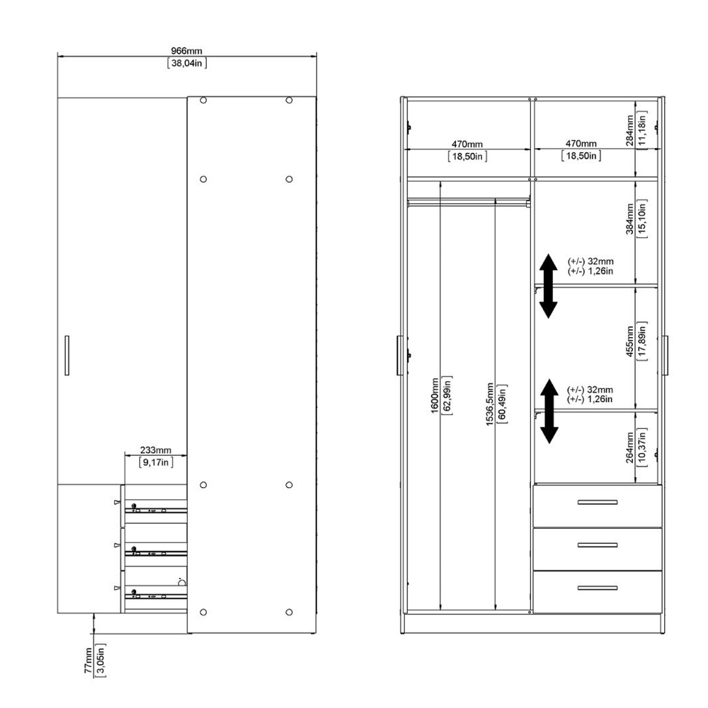 Savoy Wooden Wardrobe with 2 Doors 3 Drawers in White