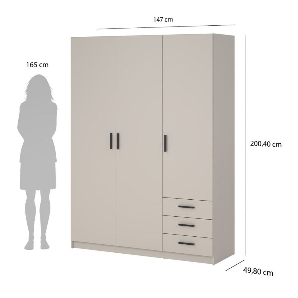 Savoy Wooden Wardrobe with 3 Doors 3 Drawers in Cashmere