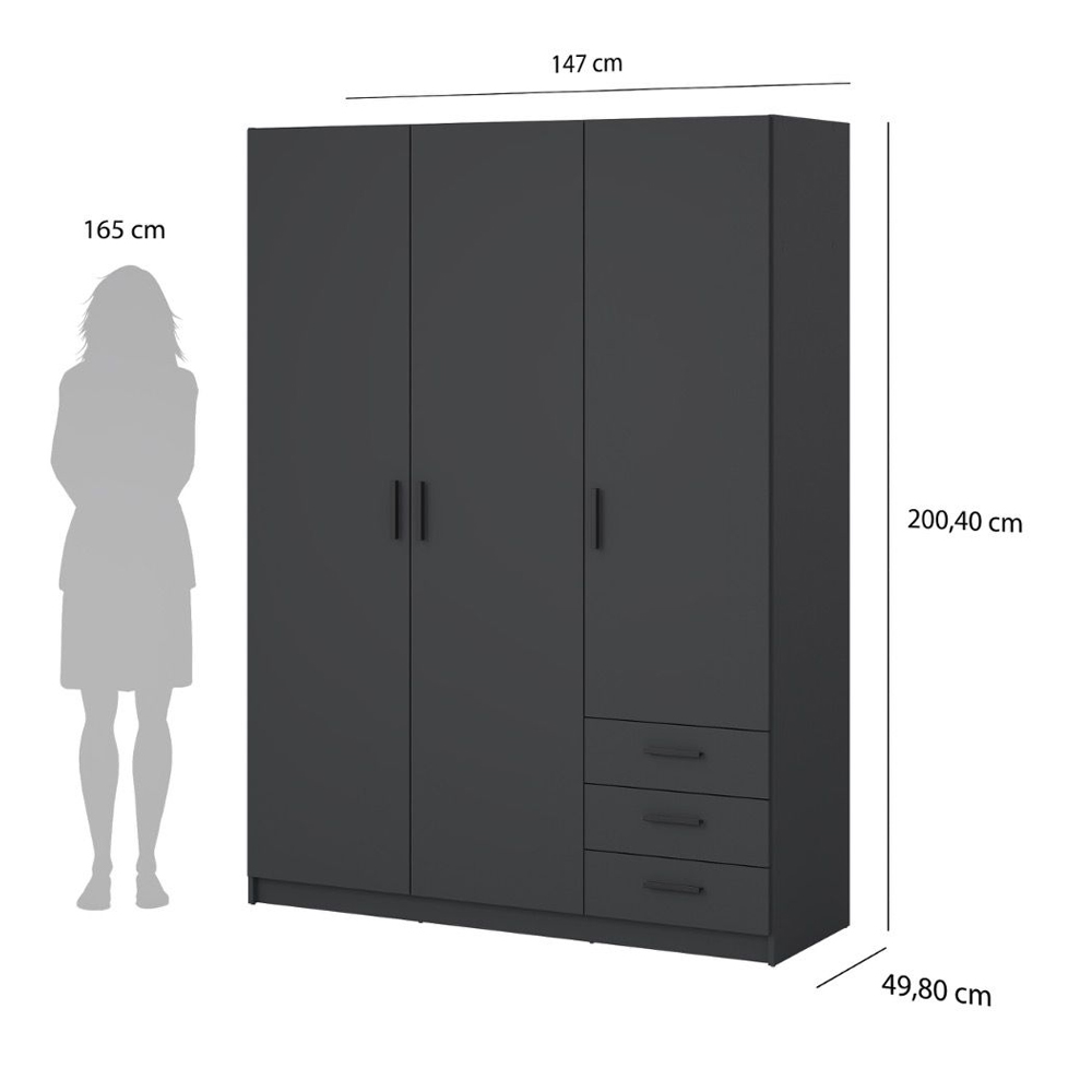 Savoy Wooden Wardrobe with 3 Doors 3 Drawers in Matt Grey