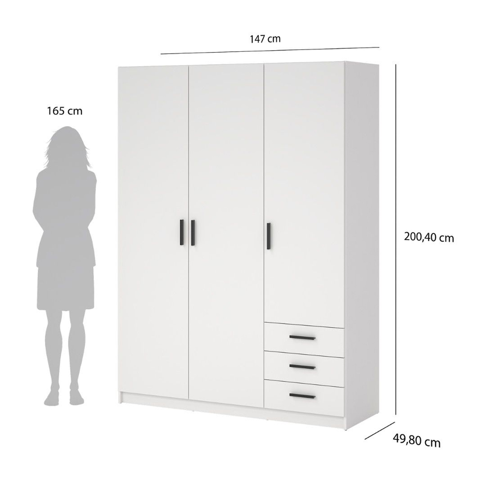 Savoy Wooden Wardrobe with 3 Doors 3 Drawers in White