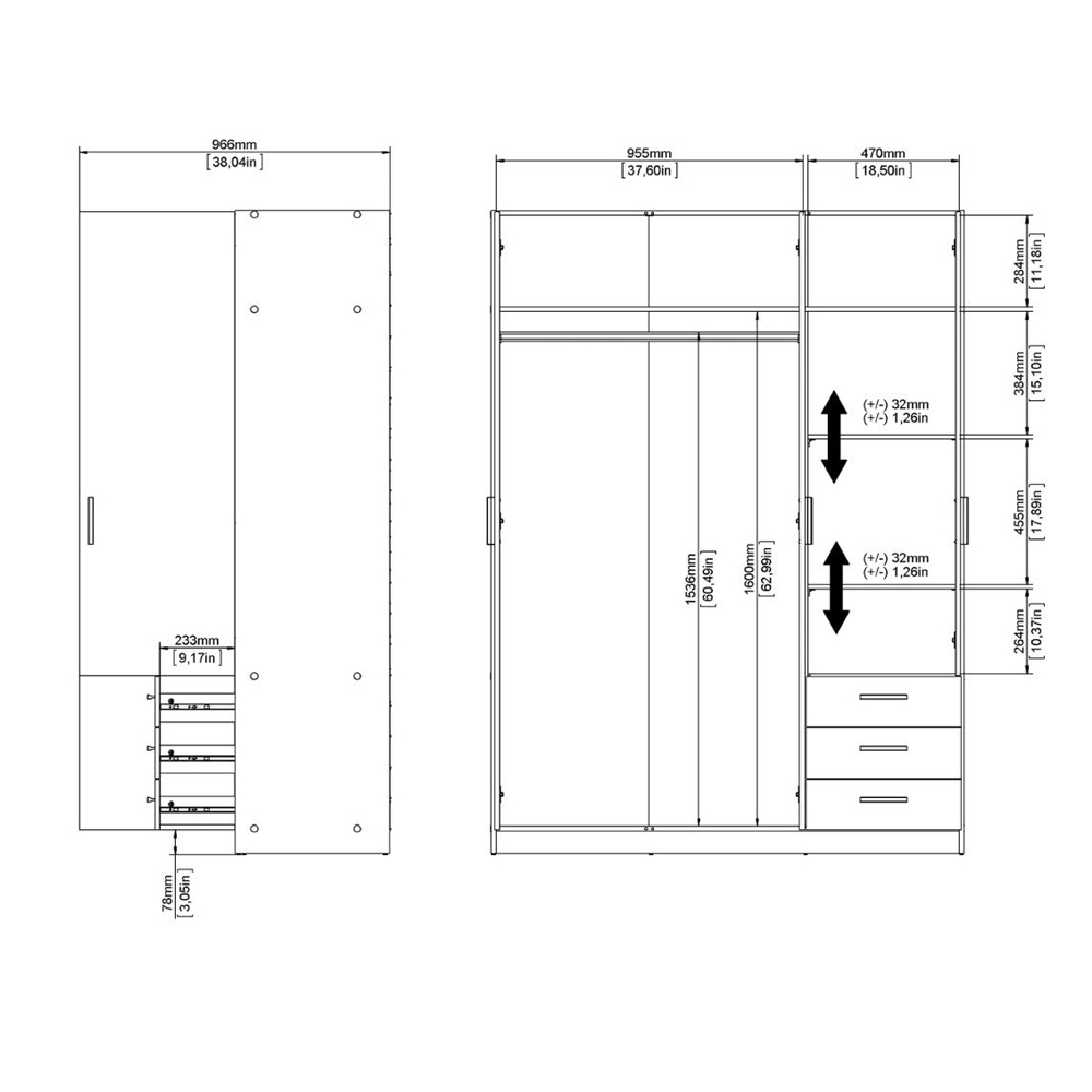 Savoy Wooden Wardrobe with 3 Doors 3 Drawers in White