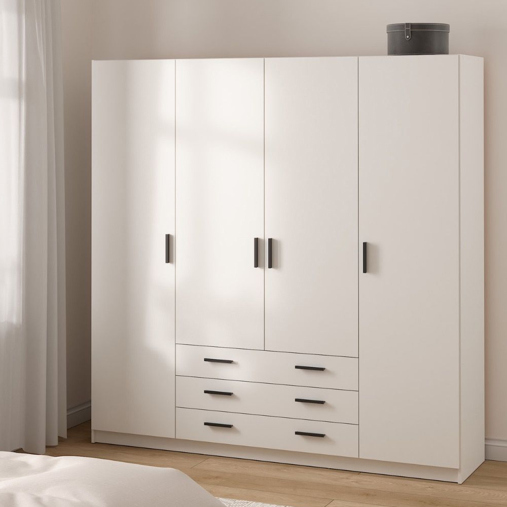 Savoy Wooden Wardrobe with 4 Doors 4 Drawers in White