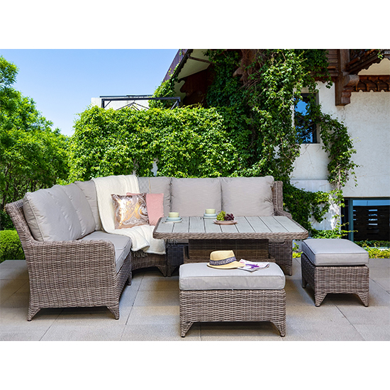 Photo of Savvy corner weave lounge dining set with lift table in natural