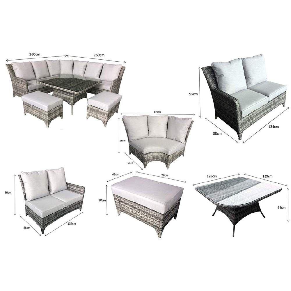 Savvy Glass Top Garden Corner Dining Set With 2 Ottomans In Grey