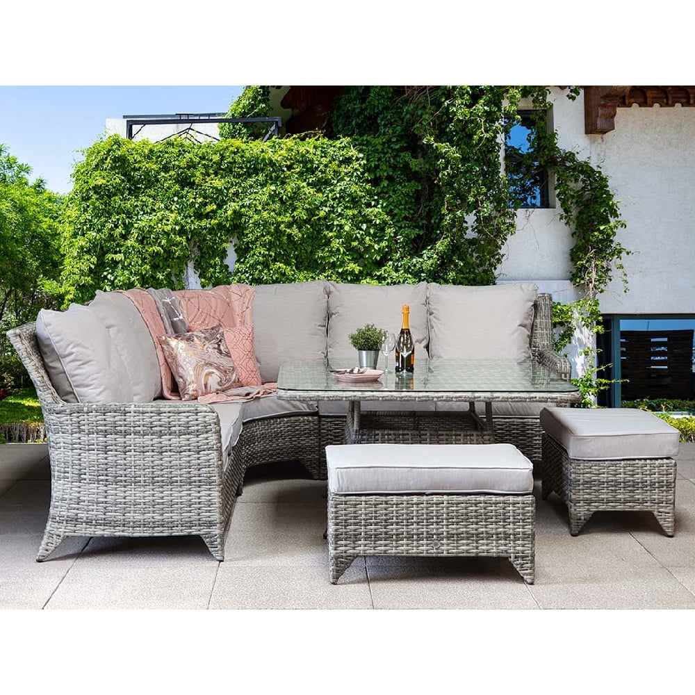 Savvy Glass Top Garden Corner Dining Set With 2 Ottomans In Grey