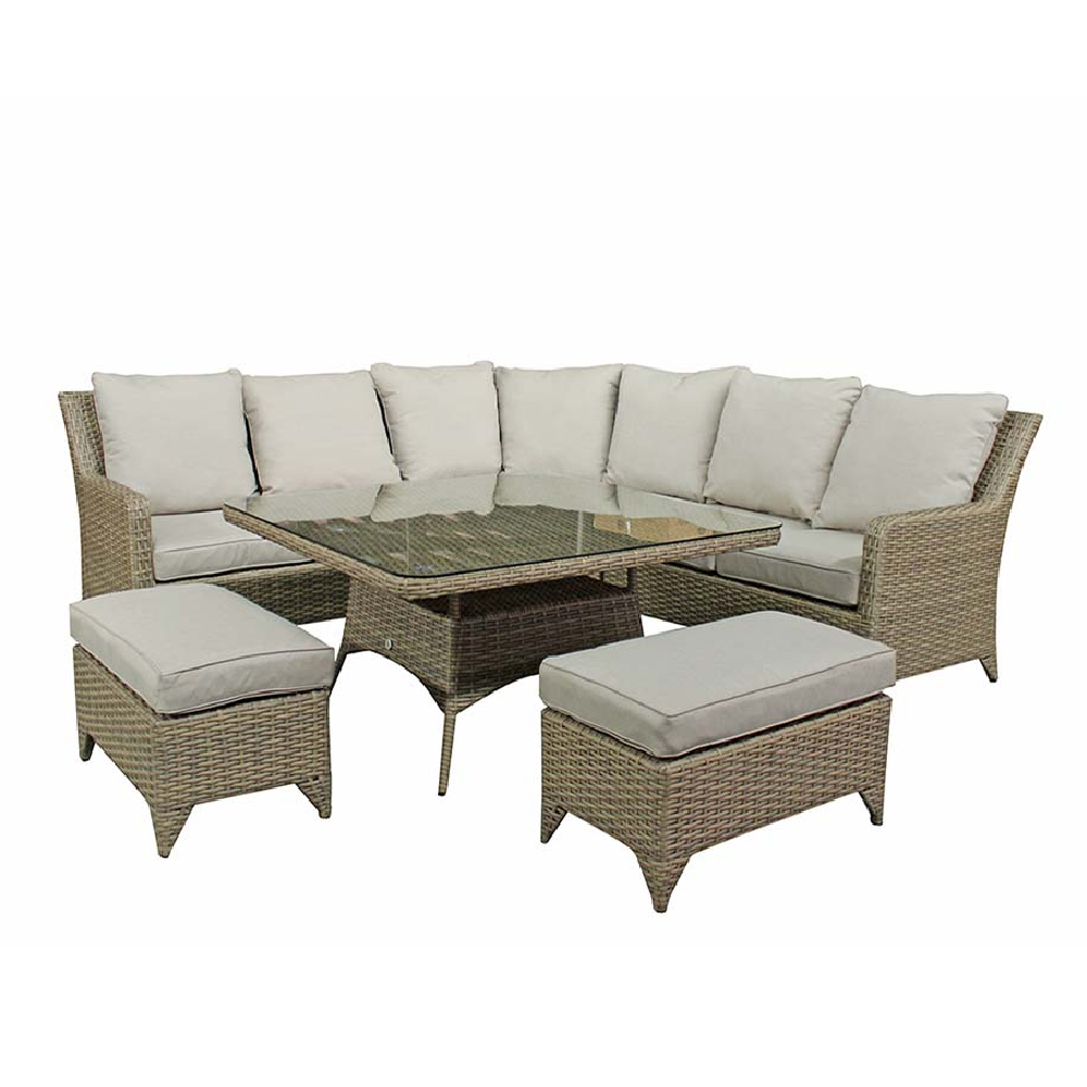 Savvy Glass Top Garden Corner Dining Set With 2 Ottomans In Natural