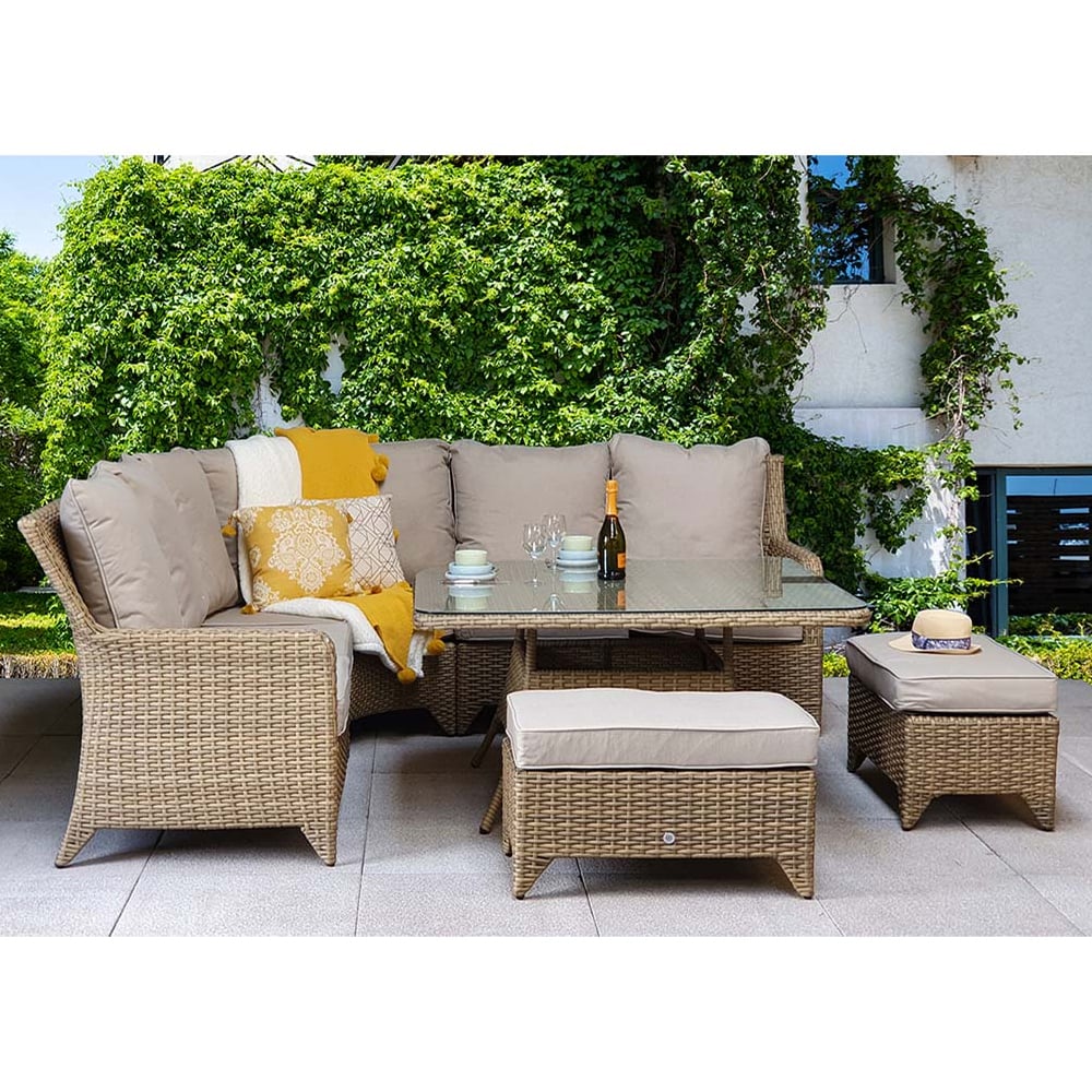 Savvy Glass Top Garden Corner Dining Set With 2 Ottomans In Natural