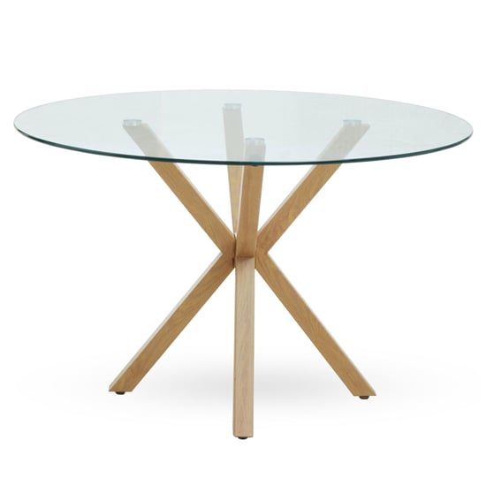 Product photograph of Sawford Round Clear Glass Dining Table With Ash Wooden Legs from Furniture in Fashion