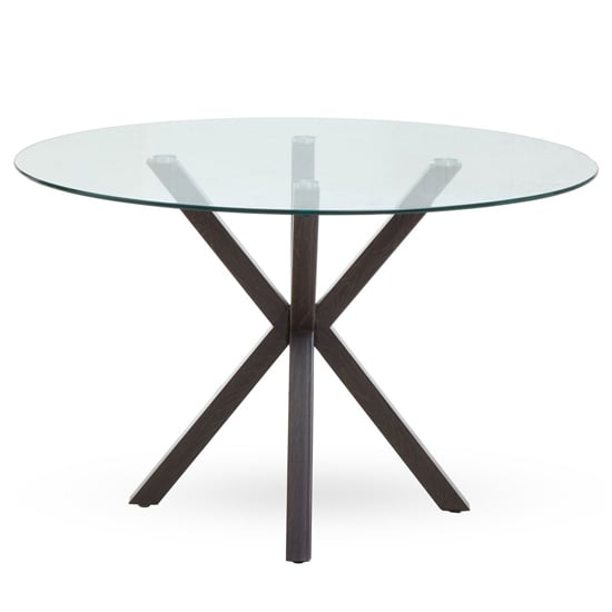 Product photograph of Sawford Round Clear Glass Dining Table With Black Wooden Legs from Furniture in Fashion
