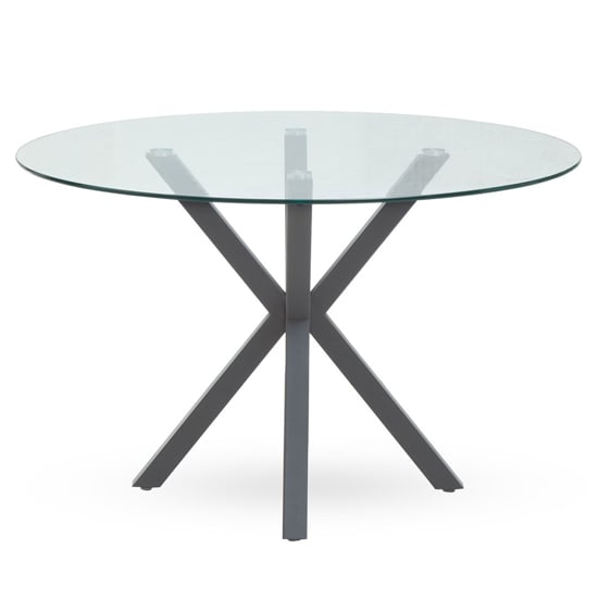 Photo of Sawford round clear glass dining table with grey metal legs