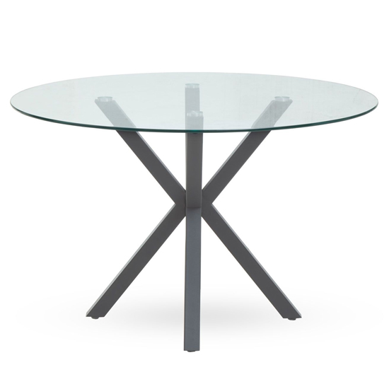 Photo of Sawford round clear glass dining table with grey metal legs