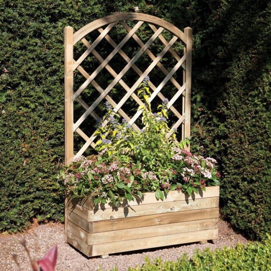 Photo of Sawrey rectangular wooden planter and lattice in natural timber