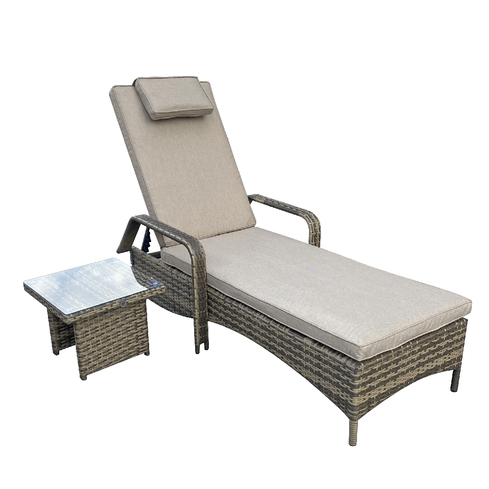 Saxen Rattan Garden Sun lounger With Drinks Table In Brown
