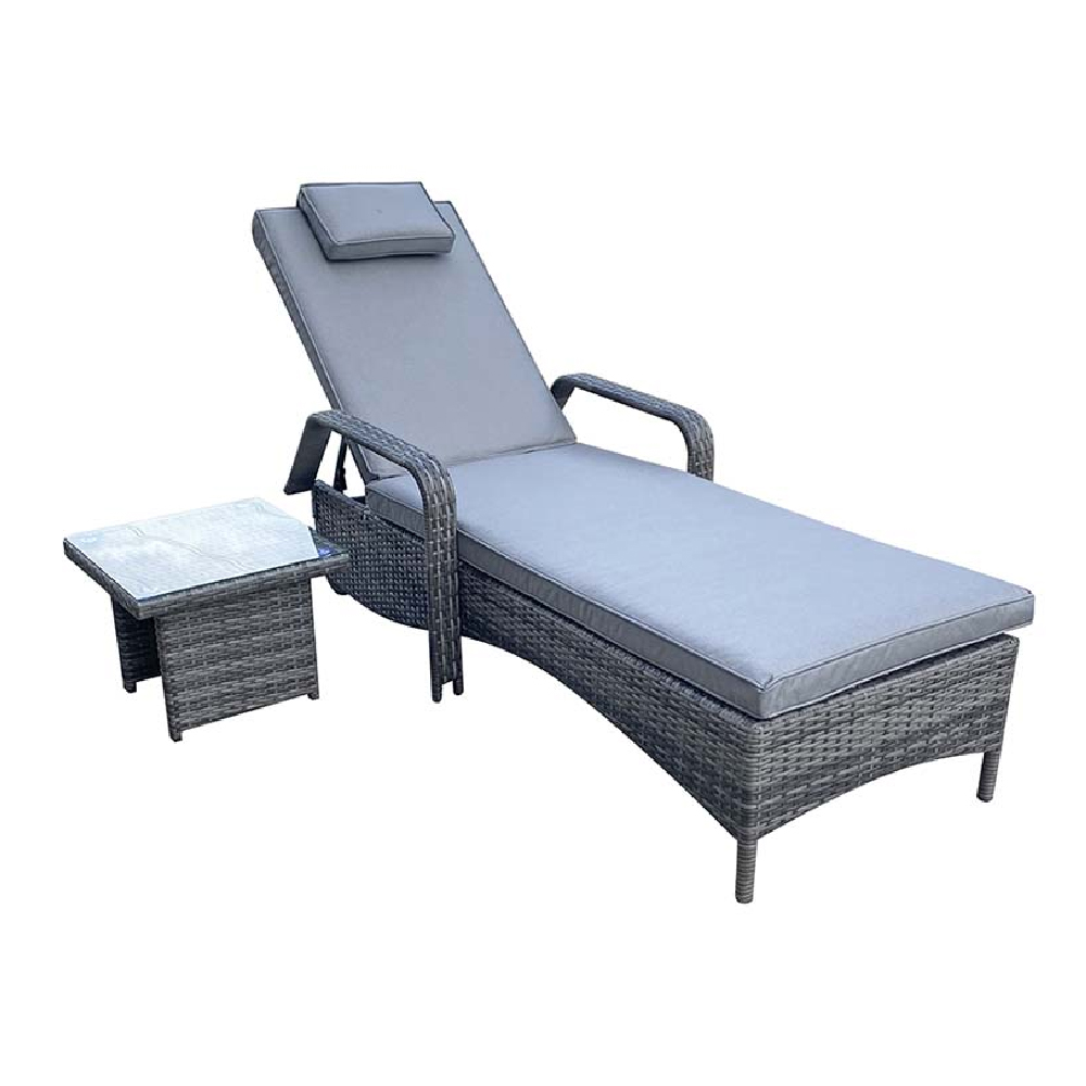 Saxen Rattan Garden Sun lounger With Drinks Table In Grey