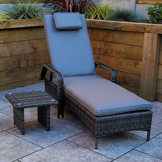 Photo of Saxen weave sunlounger with drinks table in grey