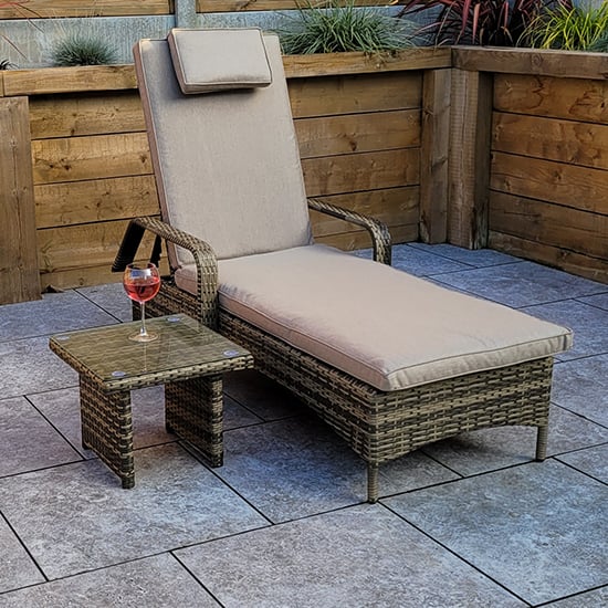 Read more about Saxen weave sunlounger with drinks table in natural