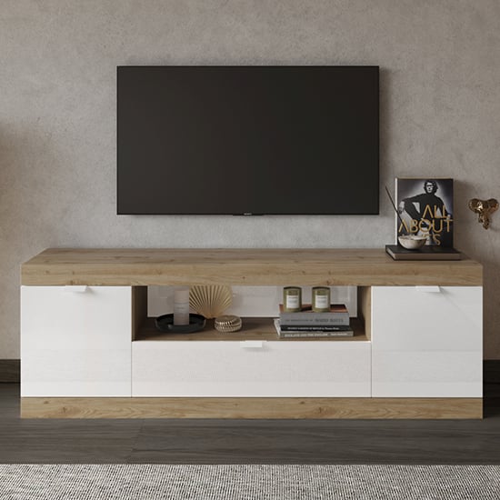 Product photograph of Saya High Gloss Tv Stand 2 Doors 1 Drawer In White And Cadiz from Furniture in Fashion