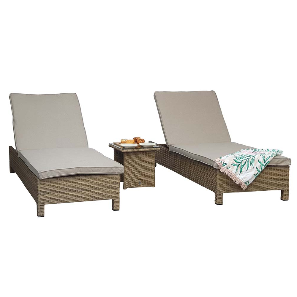 Sayer Rattan Garden Sun Lounger With Drinks Table In Natural