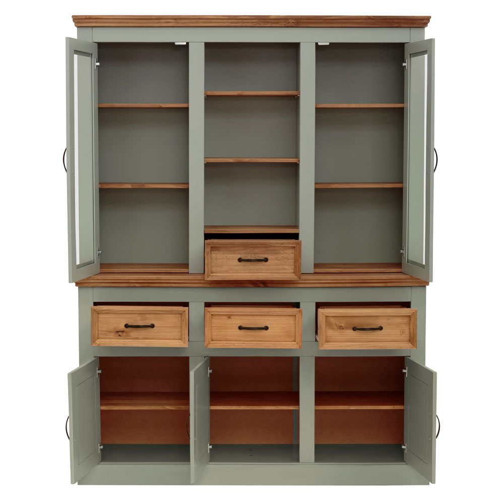 Sazelo Wooden Display Unit with 5 Doors in Sage Green and Stained Wax