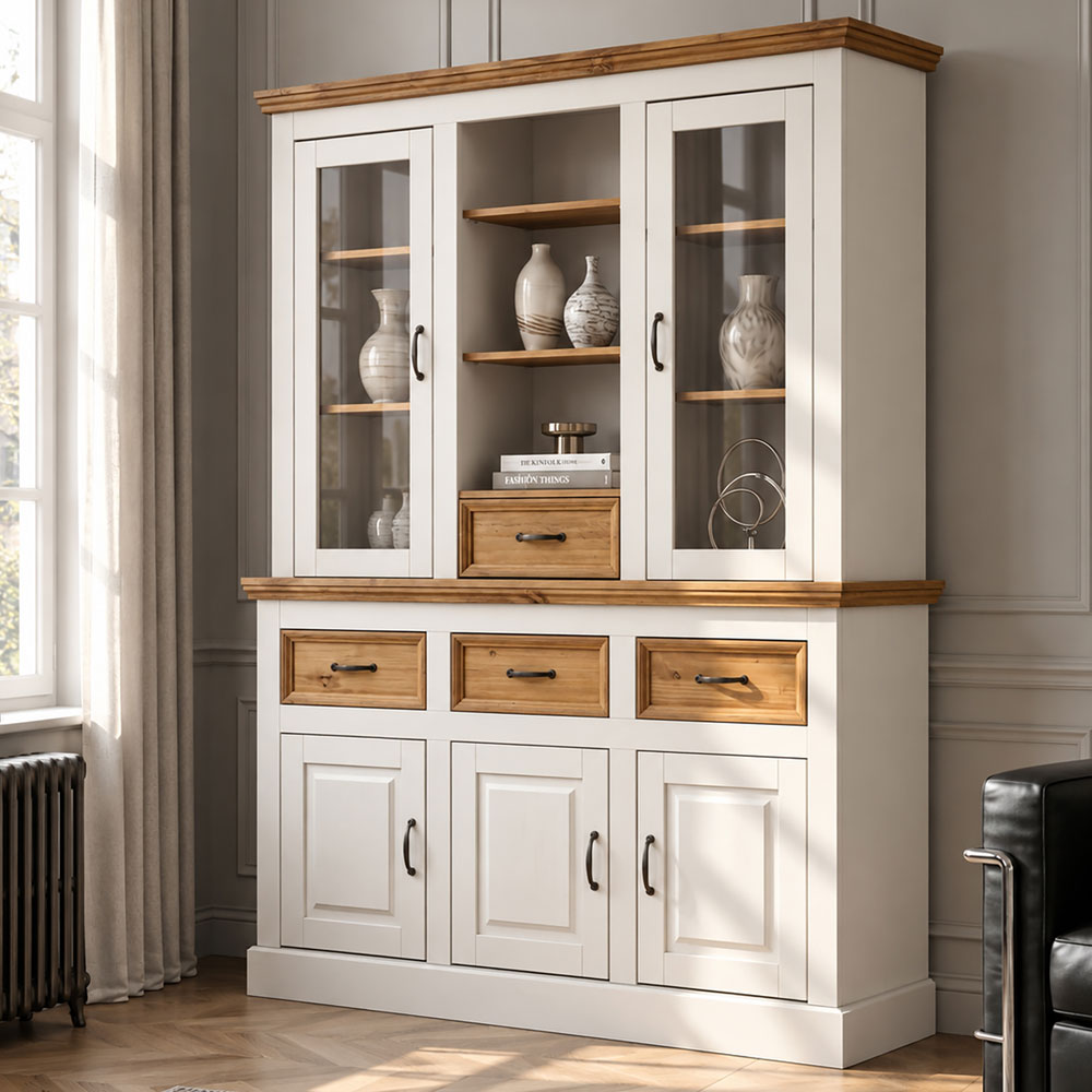 Sazelo Wooden Display Unit with 5 Doors in White and Stained Wax