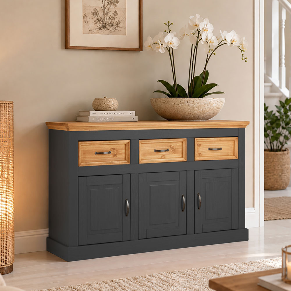 Sazelo Wooden Sideboard with 3 Doors in Anthracite and Stained Wax