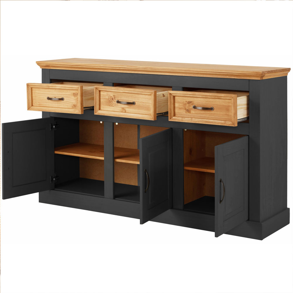 Sazelo Wooden Sideboard with 3 Doors in Anthracite and Stained Wax
