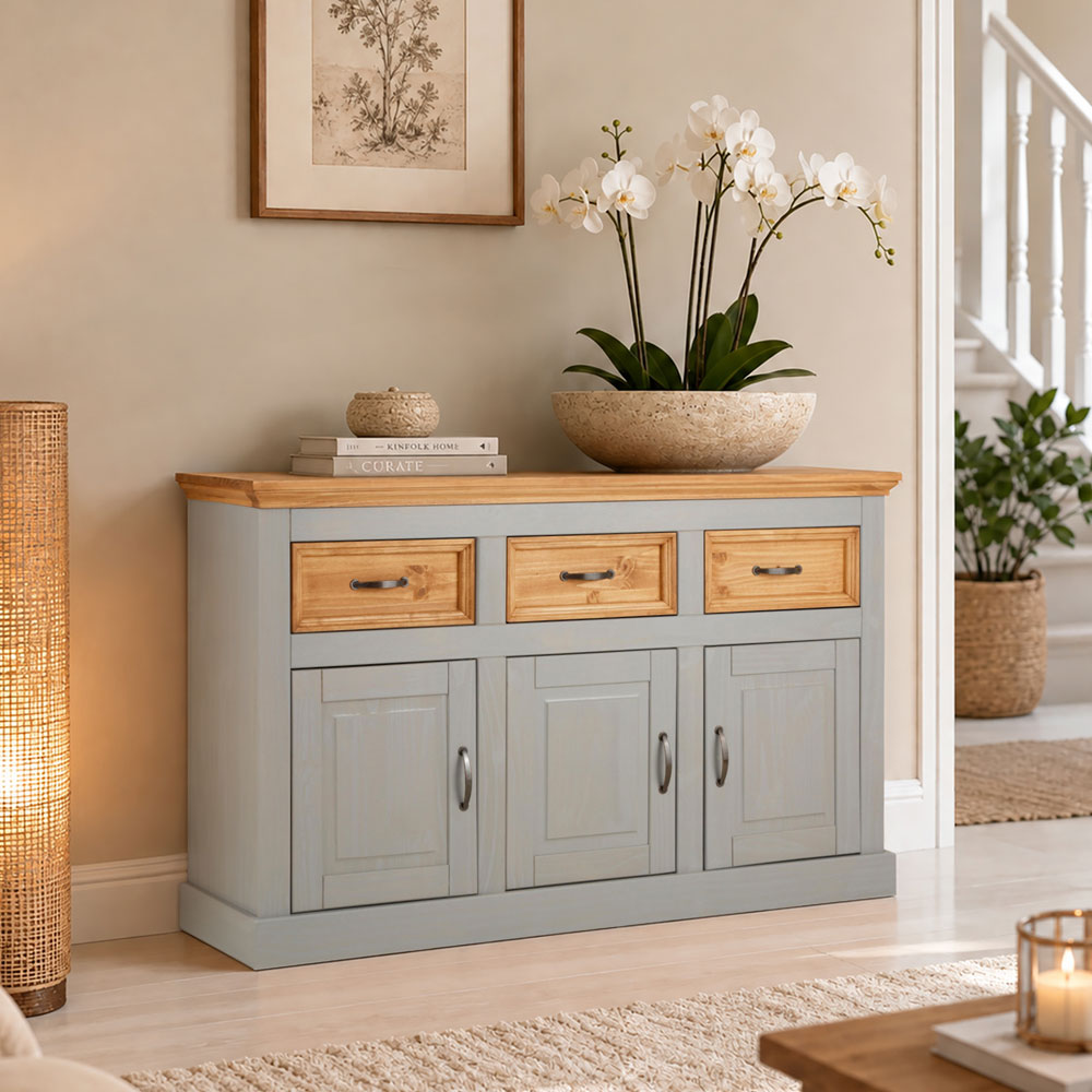 Sazelo Wooden Sideboard with 3 Doors in Grey and Stained Wax