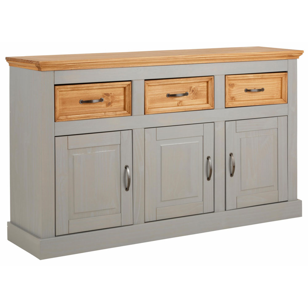 Sazelo Wooden Sideboard with 3 Doors in Grey and Stained Wax