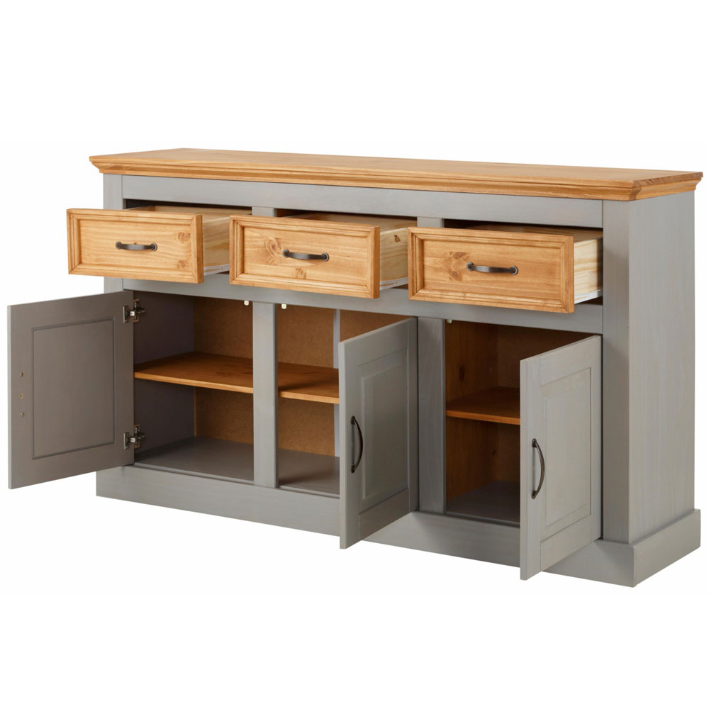 Sazelo Wooden Sideboard with 3 Doors in Grey and Stained Wax
