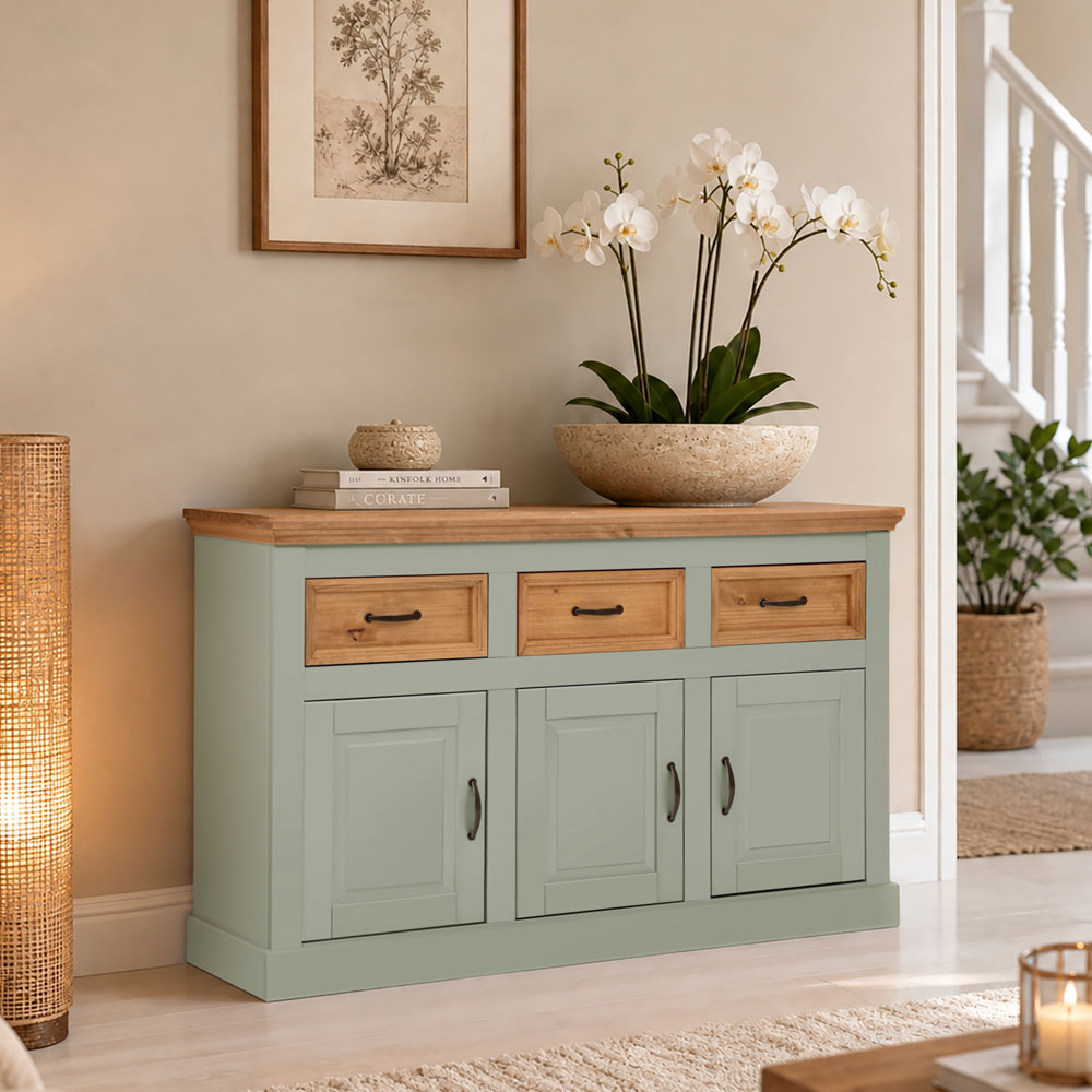 Sazelo Wooden Sideboard with 3 Doors in Sage Green and Stained Wax