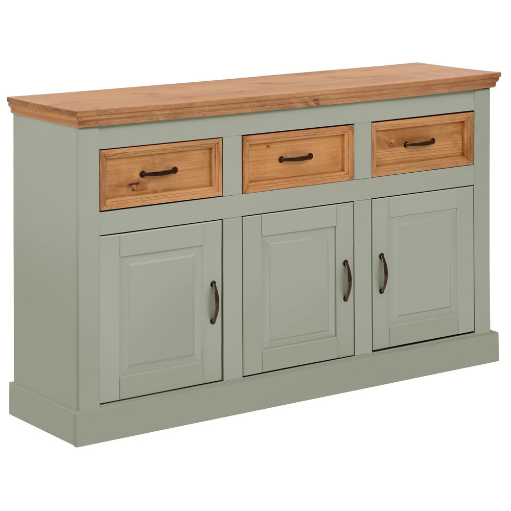 Sazelo Wooden Sideboard with 3 Doors in Sage Green and Stained Wax