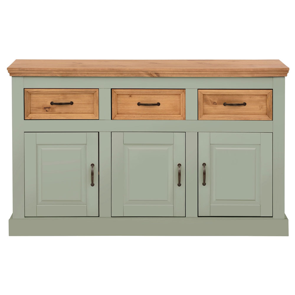 Sazelo Wooden Sideboard with 3 Doors in Sage Green and Stained Wax