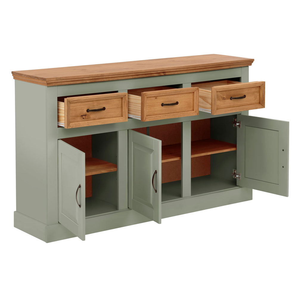 Sazelo Wooden Sideboard with 3 Doors in Sage Green and Stained Wax