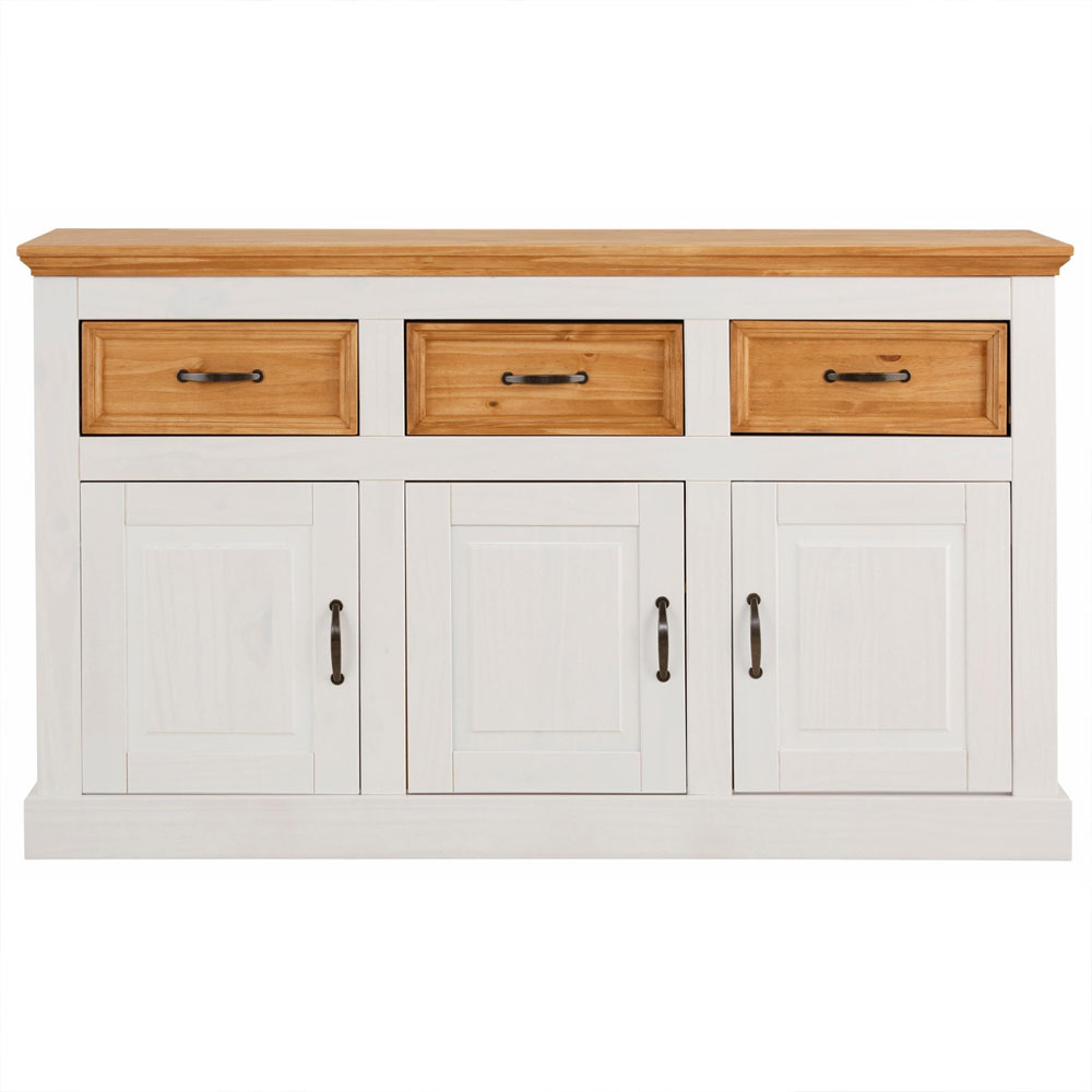Sazelo Wooden Sideboard with 3 Doors in White and Stained Wax