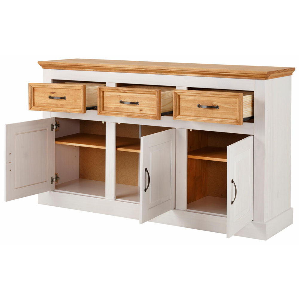 Sazelo Wooden Sideboard with 3 Doors in White and Stained Wax