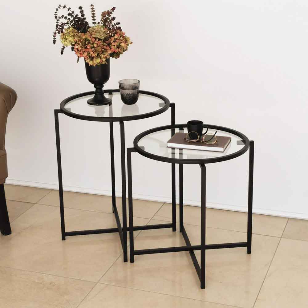 Saziro Metal Nesting Side Table with Clear Glass Top in Black