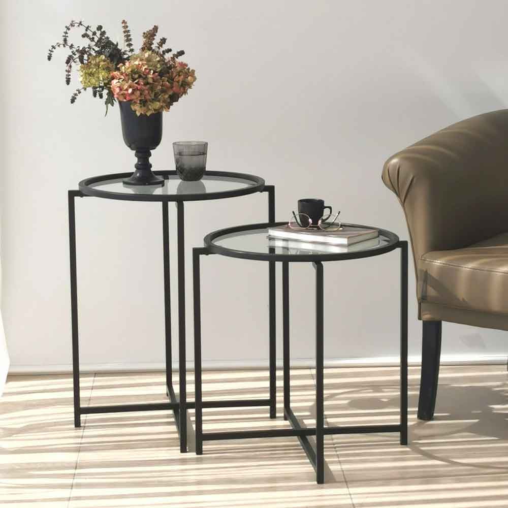Saziro Metal Nesting Side Table with Clear Glass Top in Black