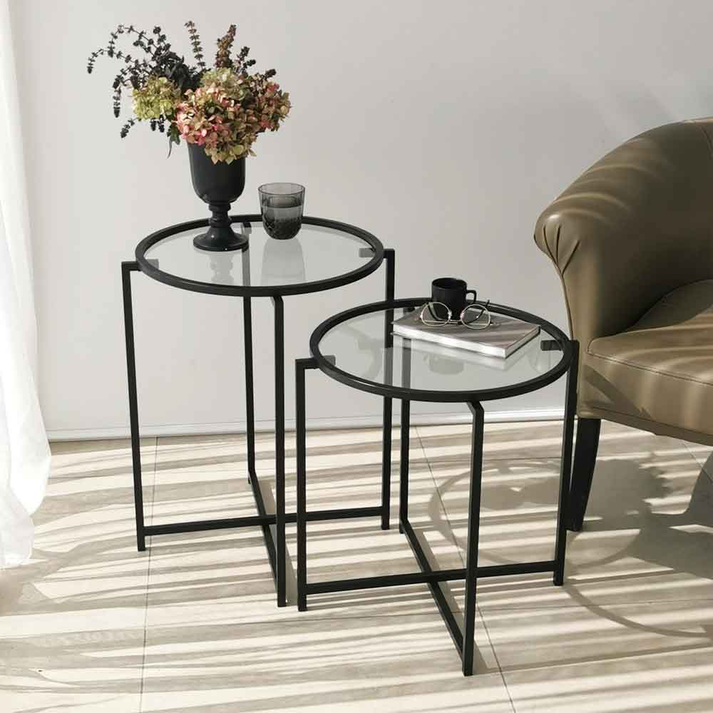 Saziro Metal Nesting Side Table with Clear Glass Top in Black