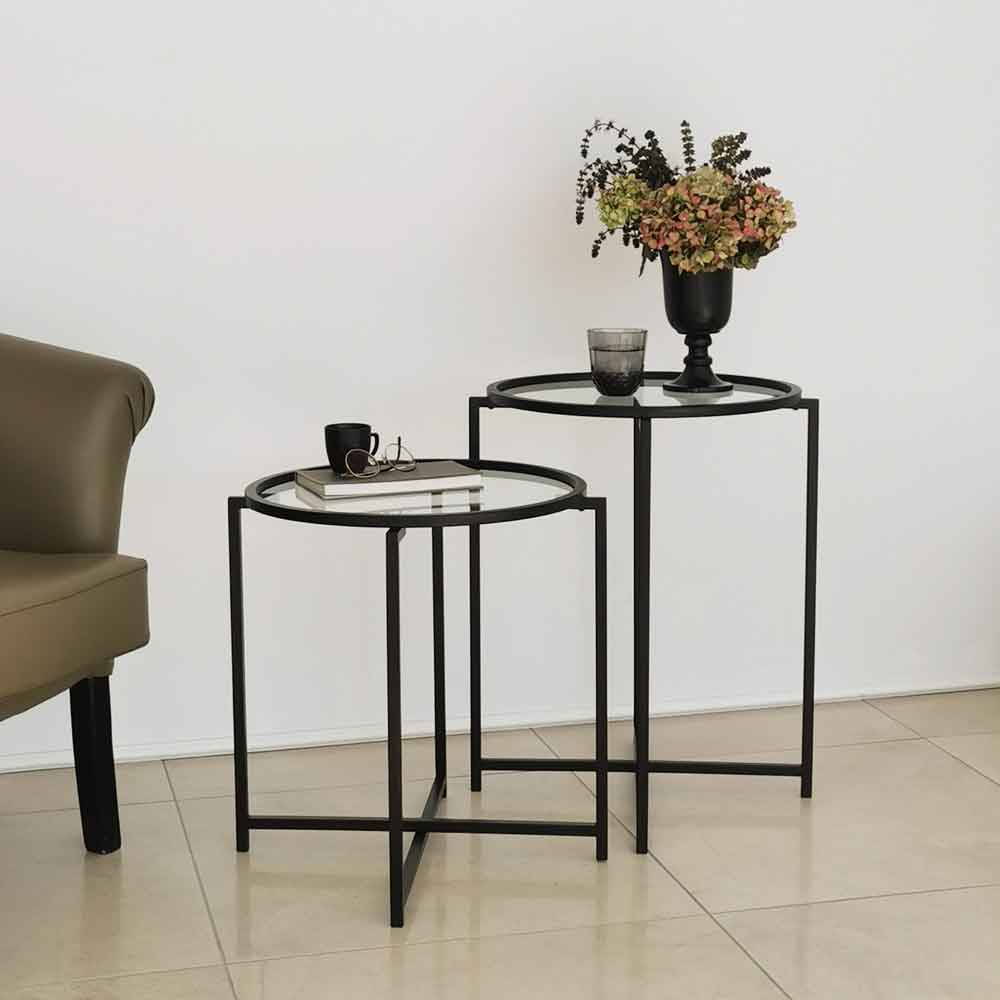Saziro Metal Nesting Side Table with Clear Glass Top in Black