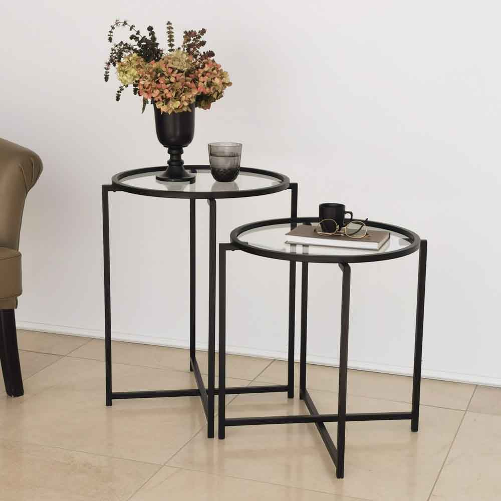 Saziro Metal Nesting Side Table with Clear Glass Top in Black